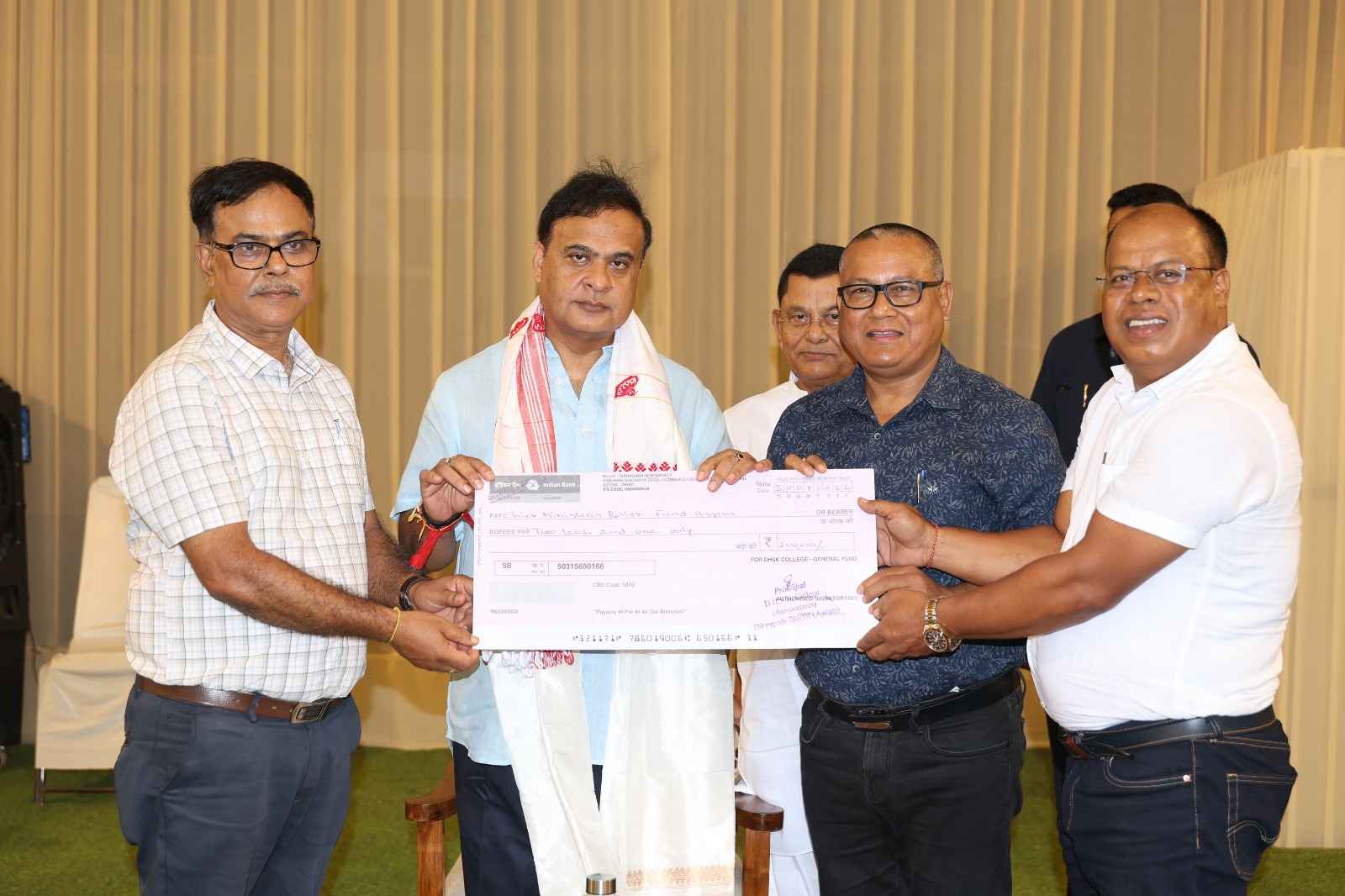 Two Lac and one rupees flood assistance Cheque from College Fund officially hand over to the Honorable Chief Minister of Assam Dr. Himanta Biswa Sarma by Dr. S.K. Saikia Principal DHSK College (Autonomous) and accompanied by Dr. Partha Ganguly (Vice Principal) & Dr. J.P Phukan (Member Sectary, Academic Council).